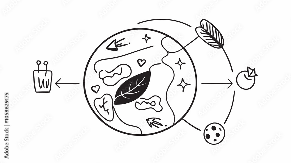 Fototapeta premium Planet Earth and Meat An illustration of Planet Earth with cultured meat icons orbiting around it with arrows signifying Sustainable Choice that underline a global commitment to