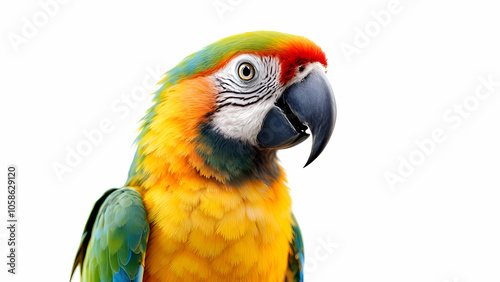Blue and Gold Macaw Parrot Closeup Portrait with White Background