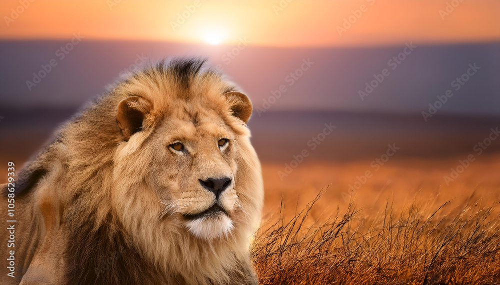 A powerful lion enjoys a calm moment in a golden, sunlit savannah. The scene captures the beauty and serenity of African wildlife at sunset. A powerful lion enjoys a calm moment in a golden, sunlit savannah. The scene captures the beauty and serenity of African wildlife at sunset.