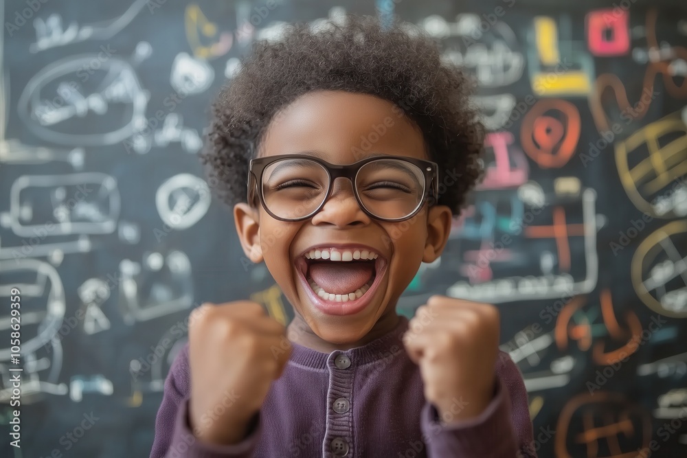 young african american happy genius in front of blackboard with math equations young african american happy genius in front of blackboard with math equations