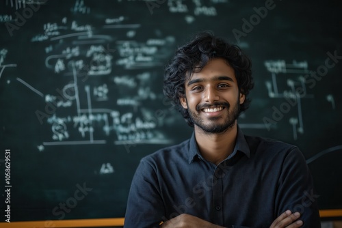 young indian happy genius in front of a board with mathematical equations