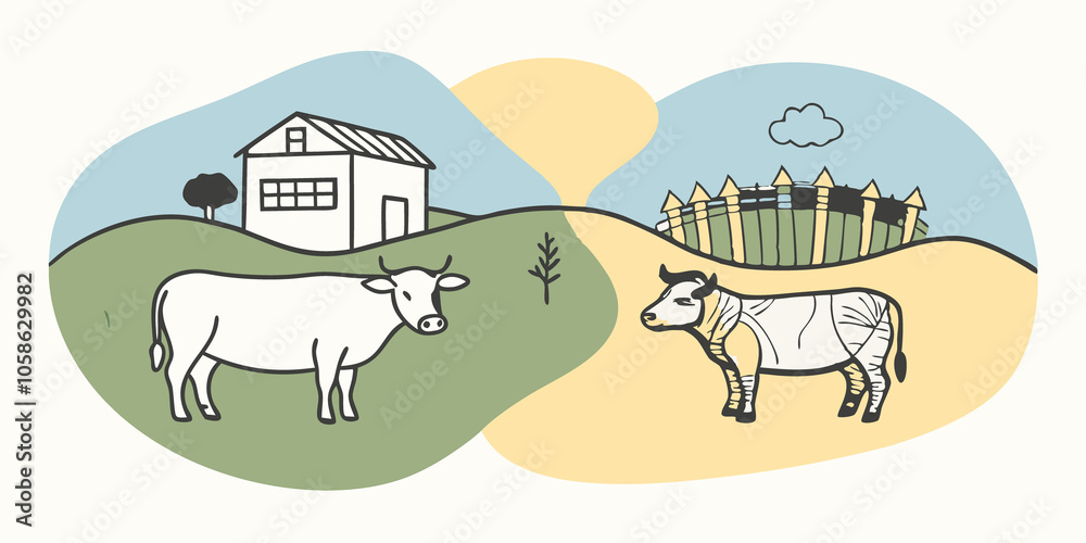 Naklejka premium Sustainability Graphic A scene showing a comparison chart between traditional meat farmings environmental impact vs. labgrown meats lower resource usage.