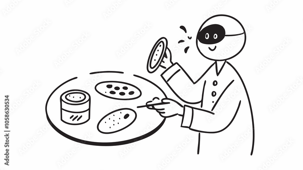 The technician is depicted inoculating a fresh agar plate with a loop containing meat cells with other inoculated plates shown in the background. The technician is depicted inoculating a fresh agar plate with a loop containing meat cells with other inoculated plates shown in the background.