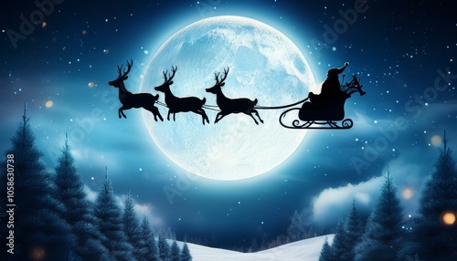 Santa flying in the night sky in the sleigh with his reindeers during Christmas