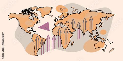 World Map with Growth Arrows A stylized world map featuring various countries marked with upwardpointing arrows indicating an increase in demand for labgrown meat. photo