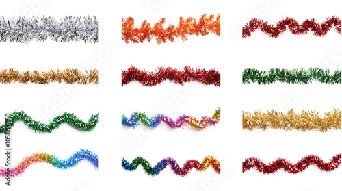 Collection of Colorful tinsel border frame isolate on transparent background