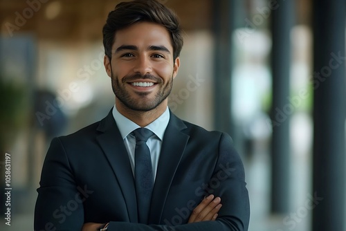 Confident Businessman in Navy Blue Suit with Friendly Smile1 photo