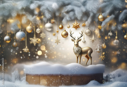 A golden deer stands beneath a snowy fir tree adorned with glistening ornaments and twinkling lights.