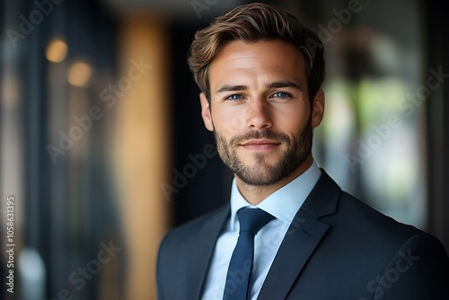 Confident Businessman in Navy Blue Suit with Sharp Look