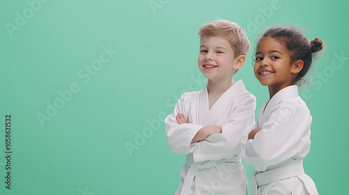 Two kids in kimono posing on a green background, smiling and confident