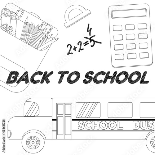 A fun and educational back-to-school coloring page featuring a school bus, stationery, and math symbols. Perfect for children to enjoy.