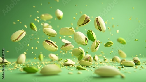 Falling Pistachios Green Background 3D Render