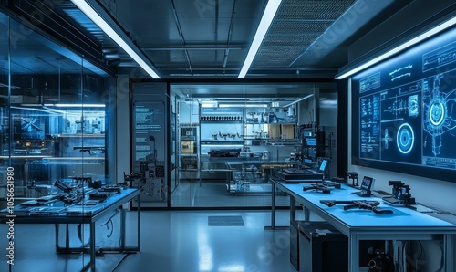 Blue-lit futuristic lab with digital screens.