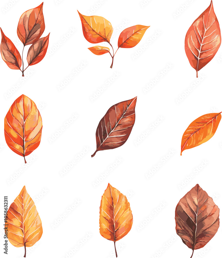 Obraz premium Beautiful vector watercolor set of autumn leaves collection with vibrant shades of orange, red, and yellow on white 