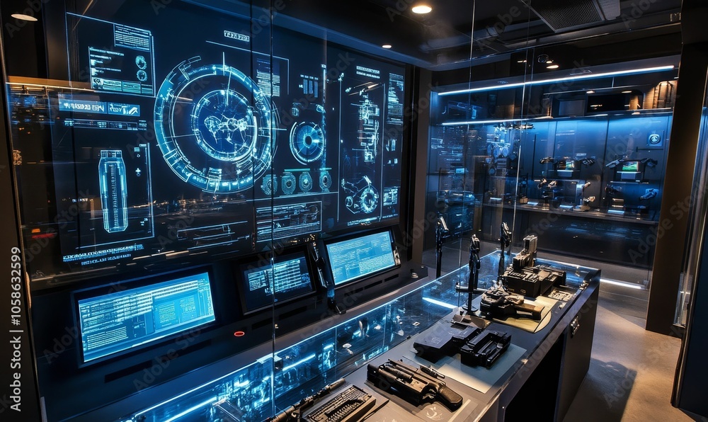 Futuristic tech room with glowing screens.