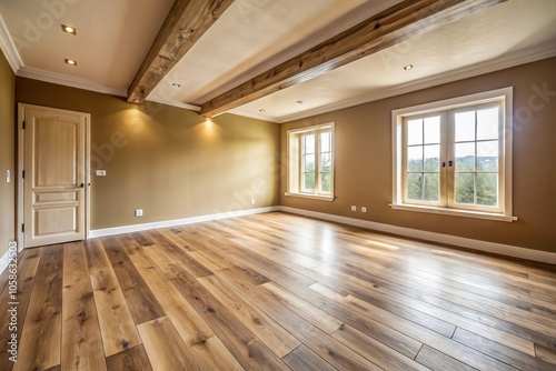 Rustic bedroom with beige wall bed on wooden floor in daylight