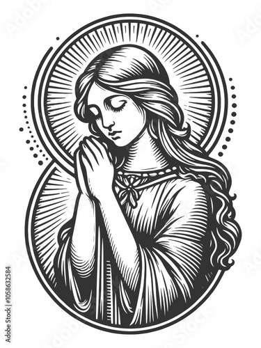 woman with a halo, floral accents, and hands in prayer, spirituality and inner peace sketch engraving generative ai vector illustration. Scratch board imitation. Black and white image.