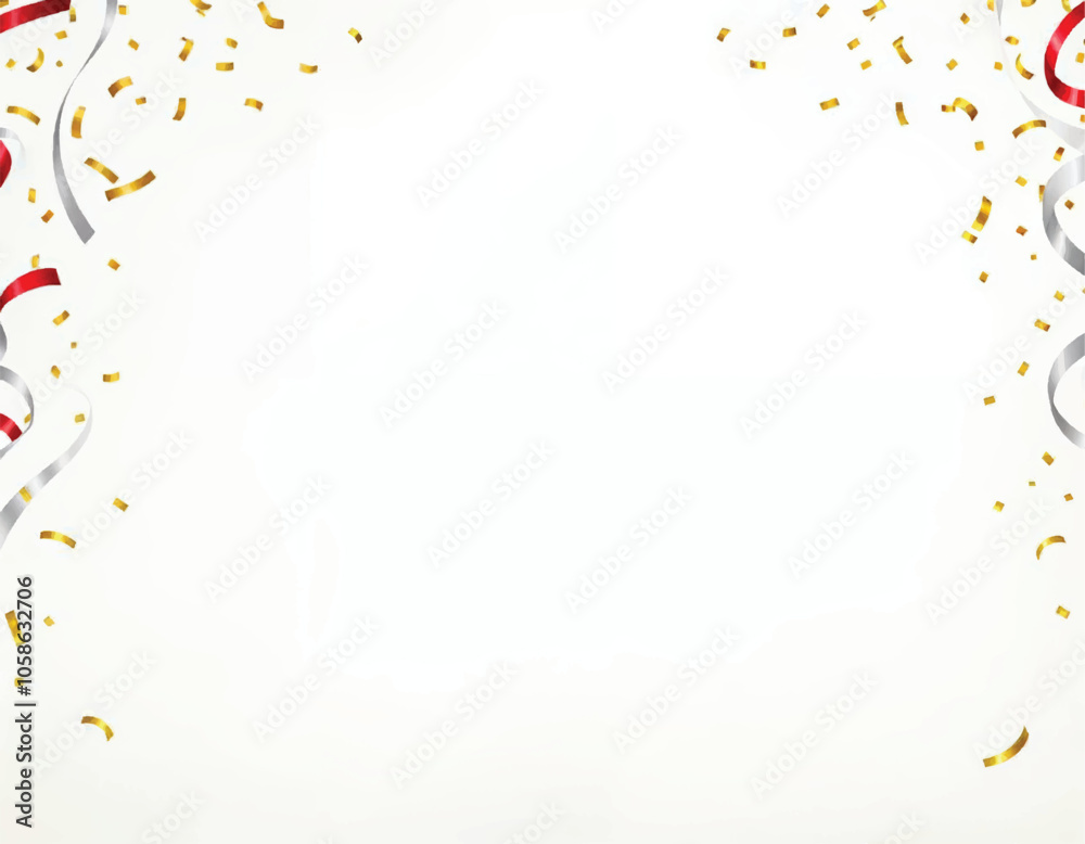 vector of a string of gold and red with silver swirling ribbons and golden confetti on it