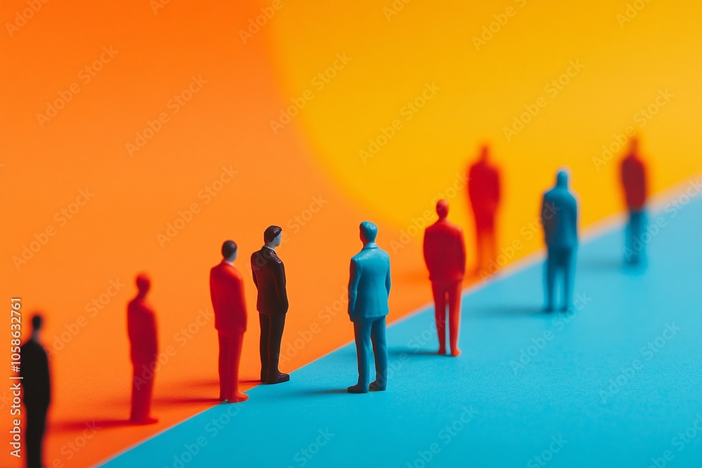 Miniature Figures Standing On Opposite Sides Of A Division Line Miniature Figures Standing On Opposite Sides Of A Division Line