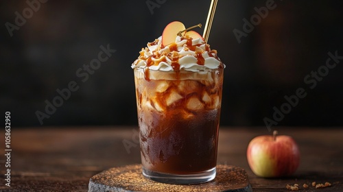 Toffee Apple Cream Cold Brew with CaramelDipped Apple Garnish photo