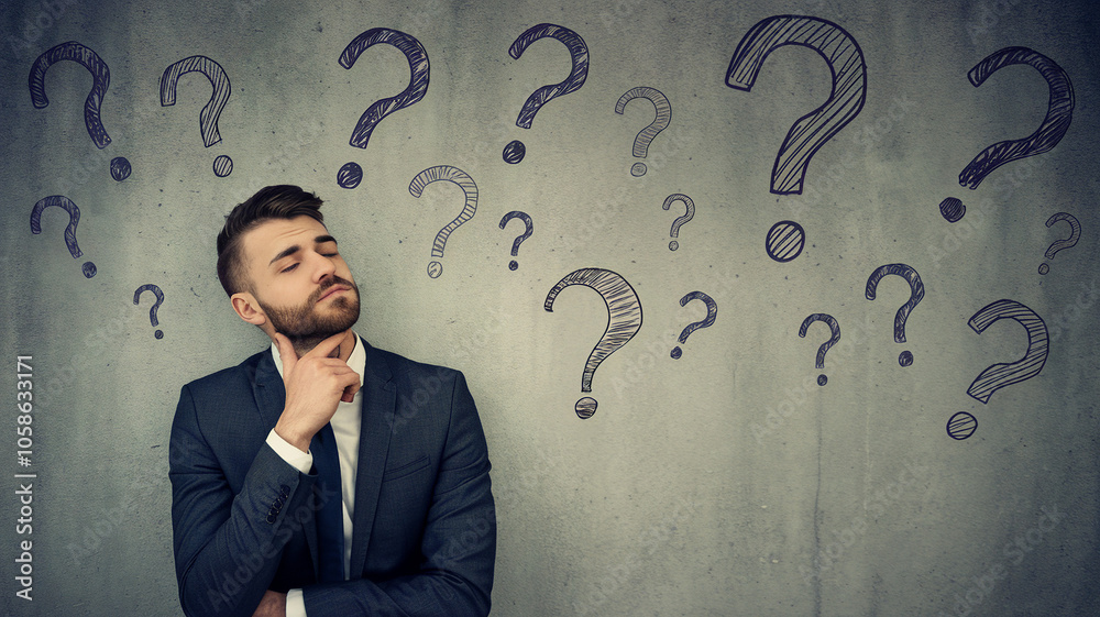 Man in Suit Contemplating Numerous Question Marks Man in Suit Contemplating Numerous Question Marks