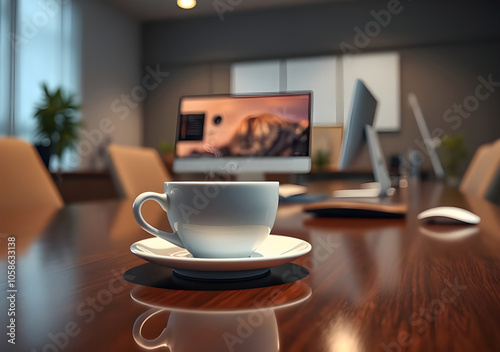 White coffee cup with laptop computer on office table for business concept, in clean office,