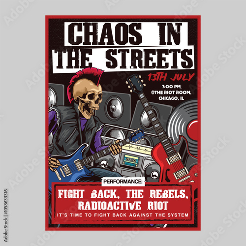 Vintage Punk Rock Music Night party festival concert poster flyer with punk skull playing electric guitar, vinyl, radio and speaker in vector illustration style