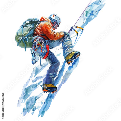 man ice climbing vector illustration in watercolor style