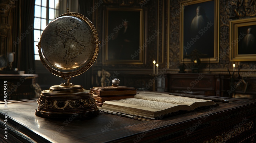 Antique Globe on a Desk in a Luxurious Library Antique Globe on a Desk in a Luxurious Library