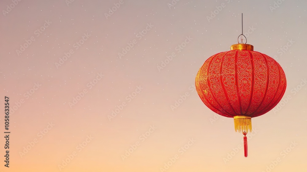 Obraz premium A vibrant red lantern hanging against a gradient sky backdrop.