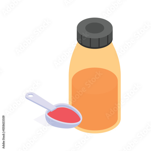 Bottle of syrup with measuring spoon for dosage