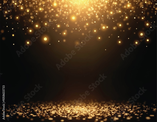 elegant vector of dark background with a golden sparkles and dots confetti falling and lights shine