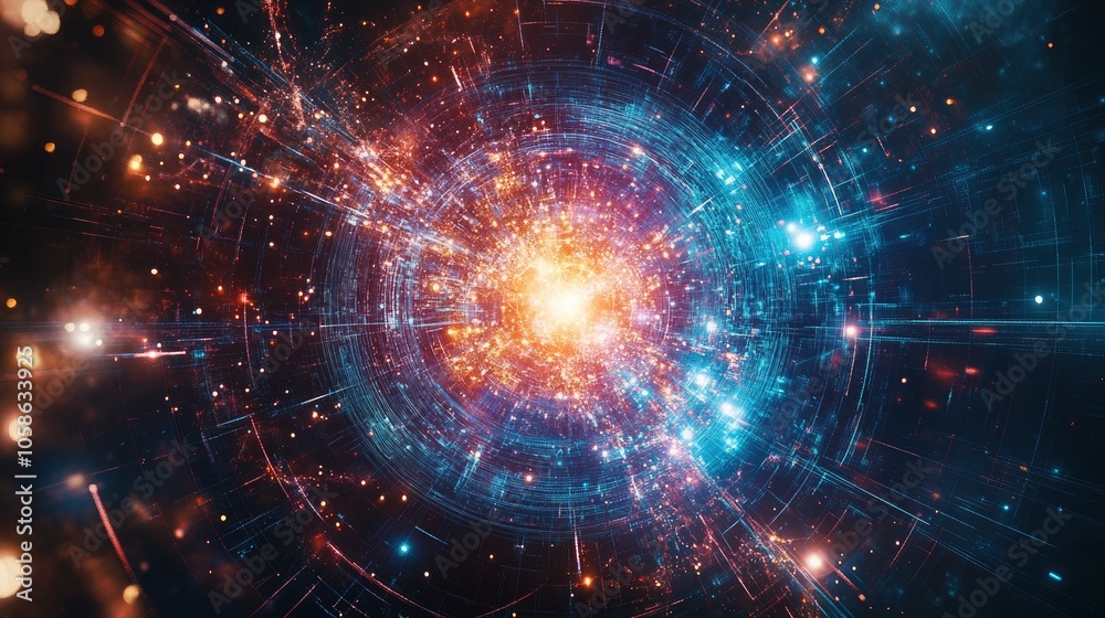 Abstract Digital Network with Bright Light Explosion