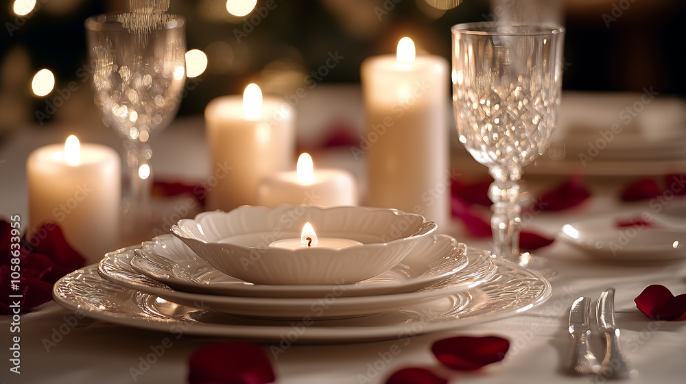 A romantic dinner table is elegantly set with soft, flickering candles that cast a warm glow across the table, creating an intimate atmosphere A romantic dinner table is elegantly set with soft, flickering candles that cast a warm glow across the table, creating an intimate atmosphere