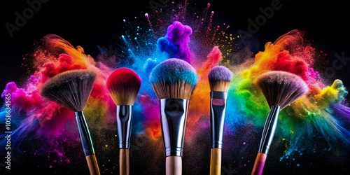 Professional makeup tools and products for makeup, isolated on a white background, showcasing a variety of brushes, sponges, and cosmetic products. photo