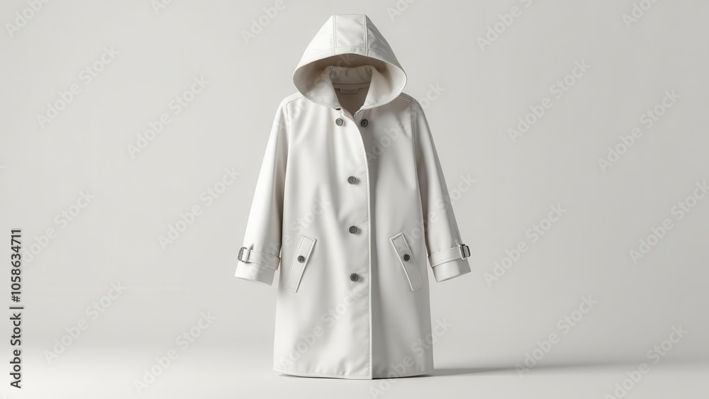 Elegant raincoat with sturdy, weatherproof material, large hood, and quality seams. Soft lighting emphasizes the clean silhouette, refined stitching, and modern design on a neutral background. Elegant raincoat with sturdy, weatherproof material, large hood, and quality seams. Soft lighting emphasizes the clean silhouette, refined stitching, and modern design on a neutral background.
