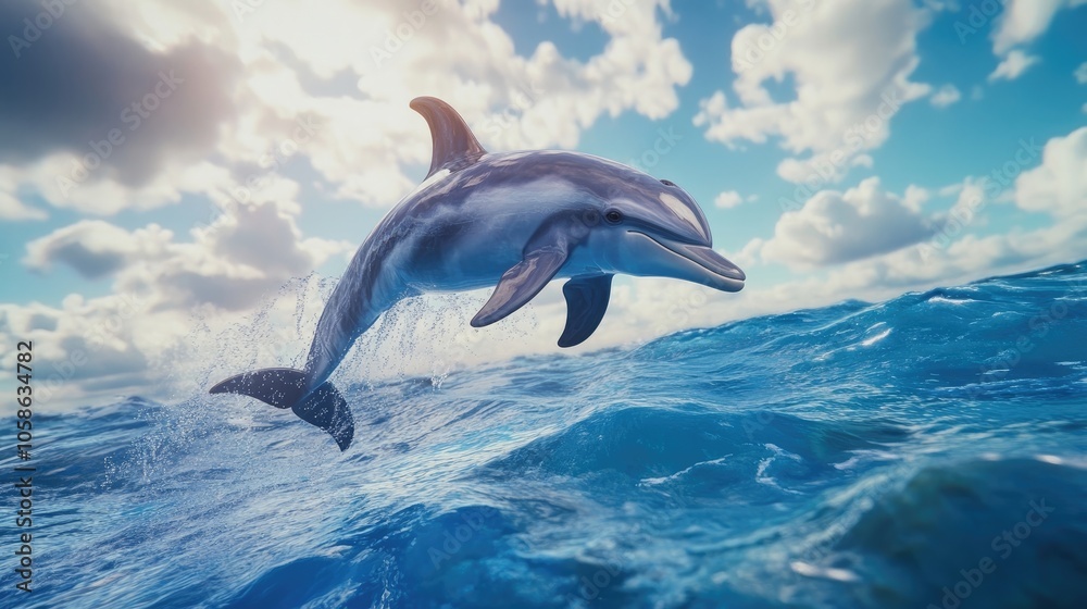 Fototapeta premium A playful dolphin leaps from the ocean surface, captured in highly detailed photography, highlighting vibrant colors and a surrealism that brings the scene to life with ample copy space.