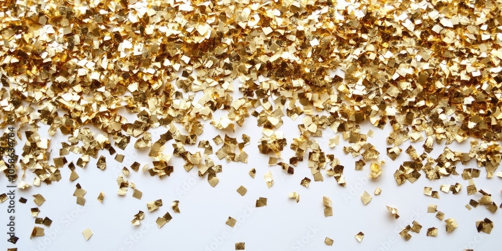 Shimmering gold confetti is scattered across a white backdrop, creating a joyful and festive atmosphere for a celebration. The festive scene is enhanced by the sparkly confetti. Shimmering gold confetti is scattered across a white backdrop, creating a joyful and festive atmosphere for a celebration. The festive scene is enhanced by the sparkly confetti.