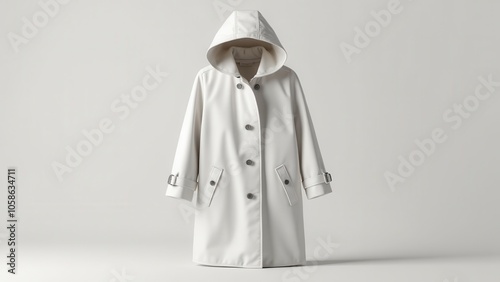 Elegant raincoat with sturdy, weatherproof material, large hood, and quality seams. Soft lighting emphasizes the clean silhouette, refined stitching, and modern design on a neutral background.