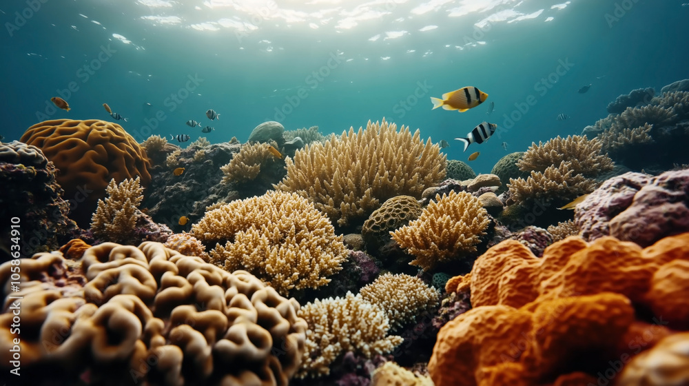 Vibrant underwater scene of diverse coral formations and colorful tropical fish swimming in clear blue ocean water with sunlight filtering through the surface Vibrant underwater scene of diverse coral formations and colorful tropical fish swimming in clear blue ocean water with sunlight filtering through the surface