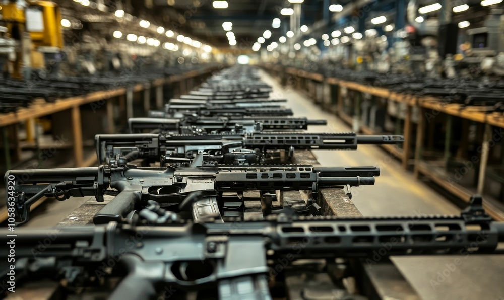 Assembly line of semi-automatic rifles. Assembly line of semi-automatic rifles.