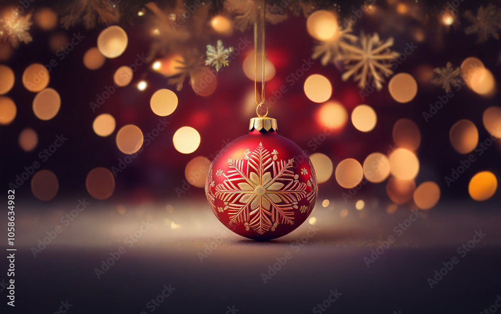 A single red Christmas ornament with gold snowflake designs hangs against a festive backdrop of blurred lights and snowflakes.