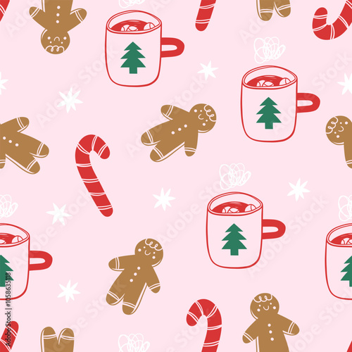 Christmas seamless pattern with gingerbread man, candy cane and Winter Holiday Mug