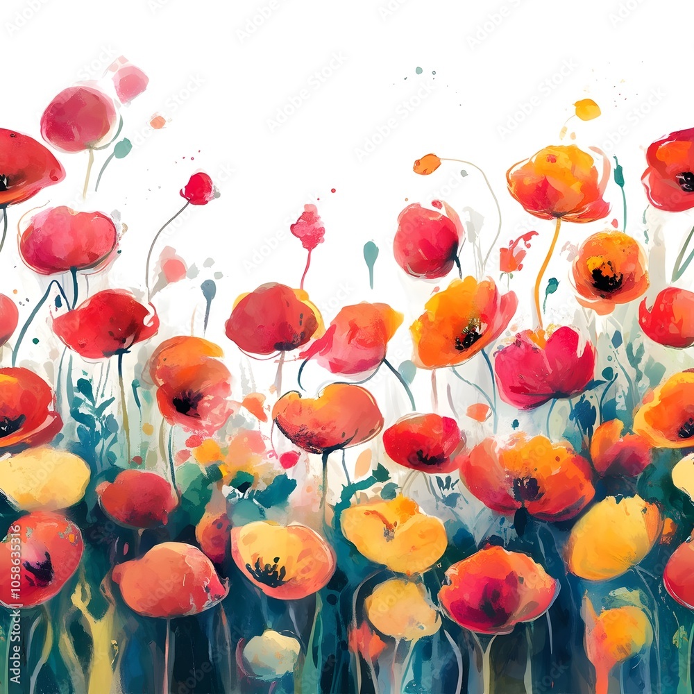 watercolor illustration of a sea of poppies in full bloom. watercolor illustration of a sea of poppies in full bloom.