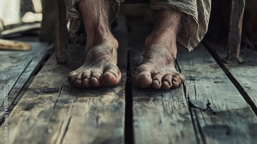 Closeup of Dirty Bare Feet on Wooden Floor