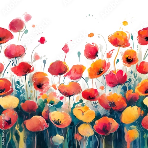 watercolor illustration of a sea of poppies in full bloom.