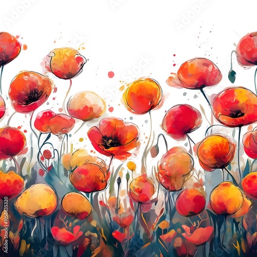 watercolor illustration of a sea of poppies in full bloom.
