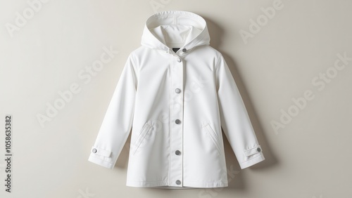 Minimalist raincoat made from quality waterproof fabric with a large hood and clean closures. Displayed on a neutral background, showcasing elegant lines, neat seams, and practical design.