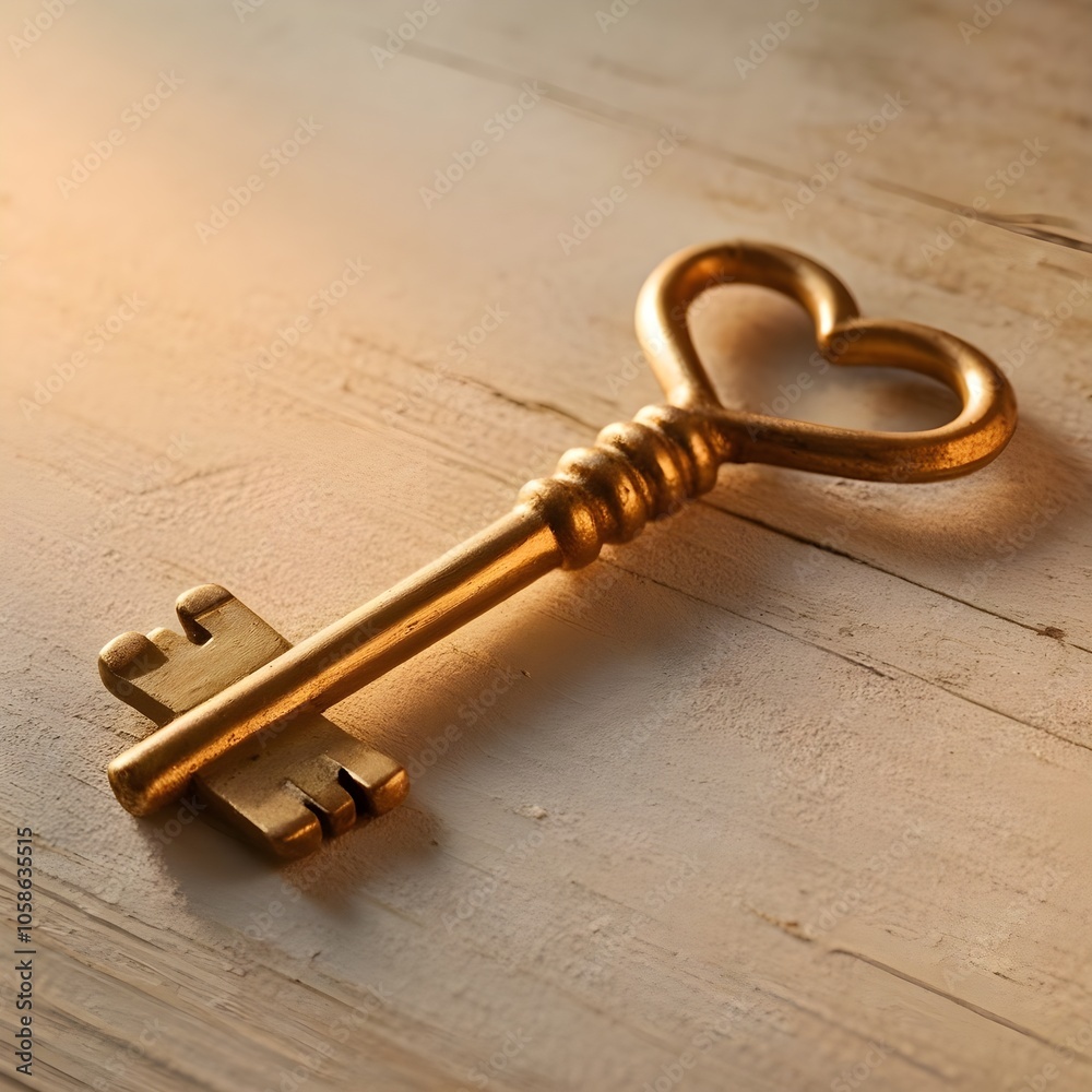golden key with a heart-shaped head. The key is lying on a wooden background. The lighting is soft. golden key with a heart-shaped head. The key is lying on a wooden background. The lighting is soft.