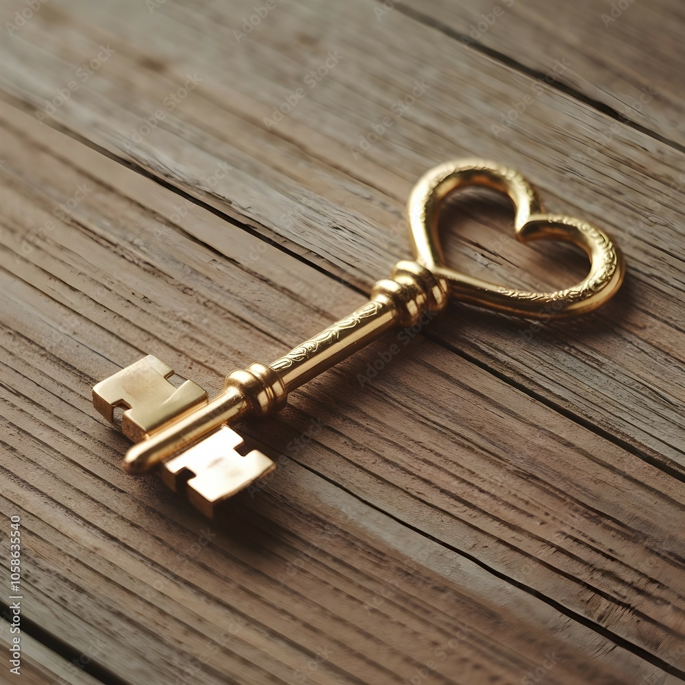 golden key with a heart-shaped head. The key is lying on a wooden background. The lighting is soft. golden key with a heart-shaped head. The key is lying on a wooden background. The lighting is soft.